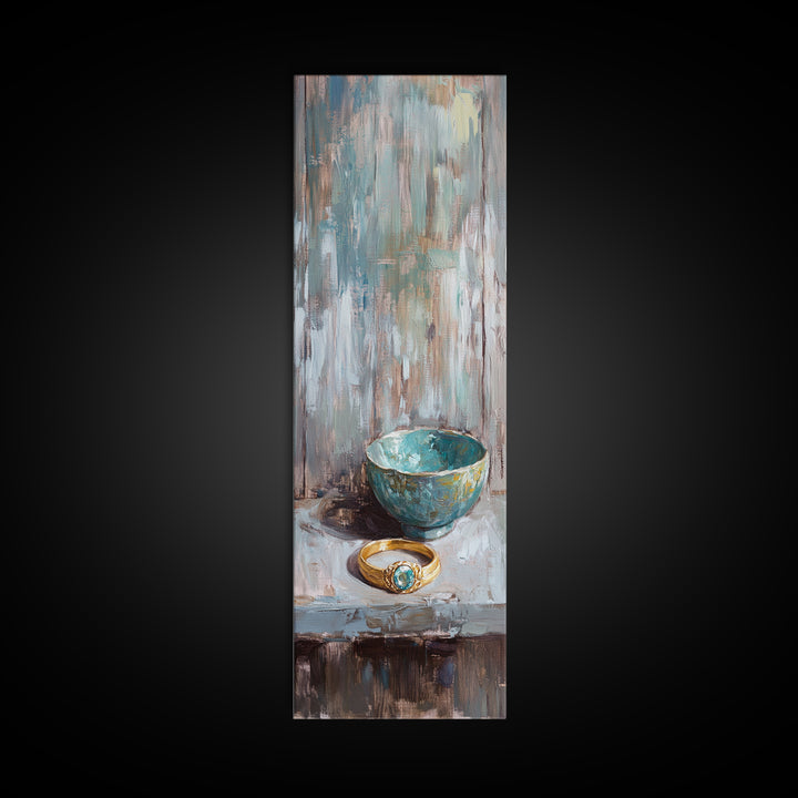 Turquoise Bowl With Gold Ring Oil Painting Canvas Print, Wabi Sabi Wall Art, Rustic Boho Home Decor, Unique Gift For Her