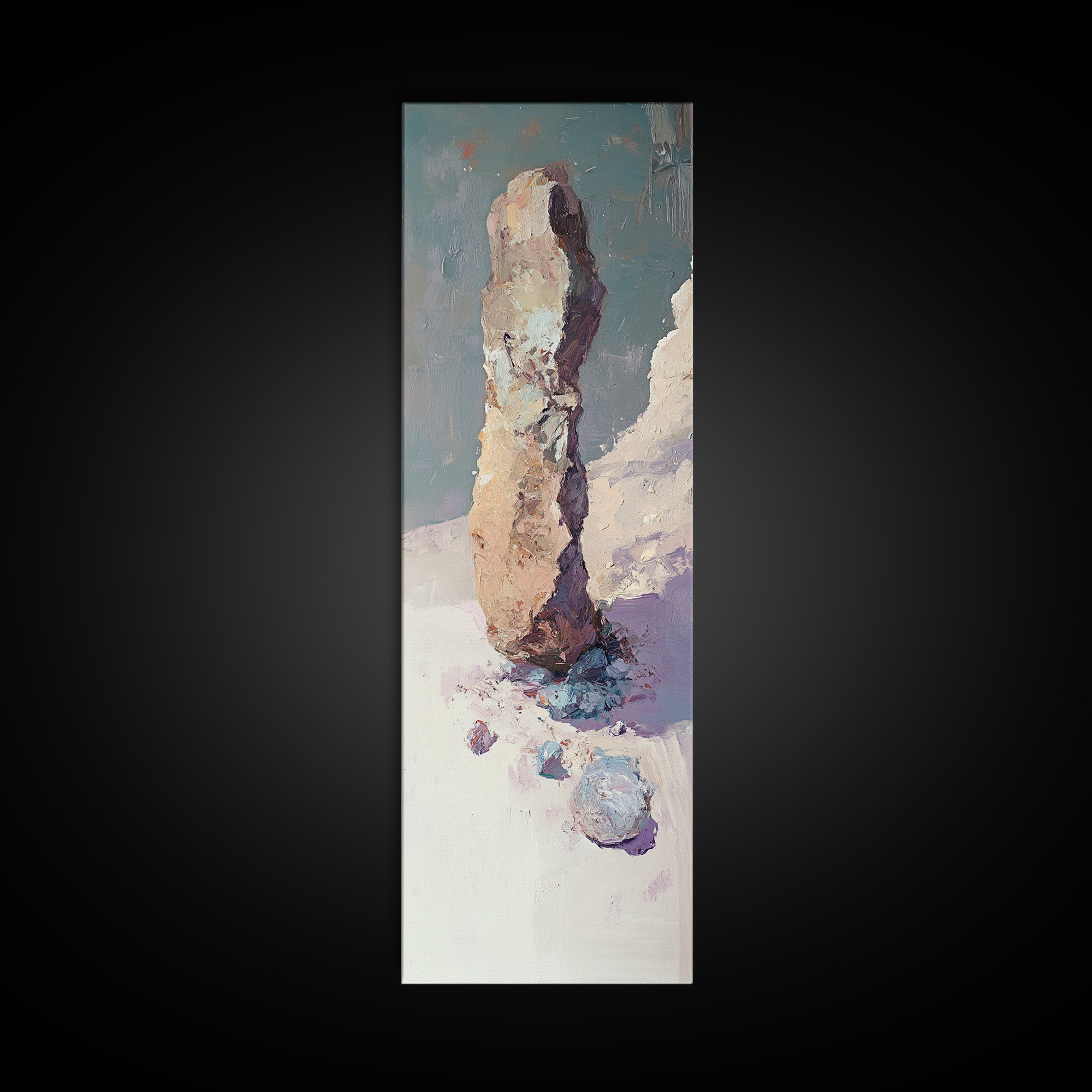 Snowy Standing Stone Impasto Landscape Canvas Print, Minimalist Winter Wall Art, Neutral Nature Decor, Calm Office Art Print