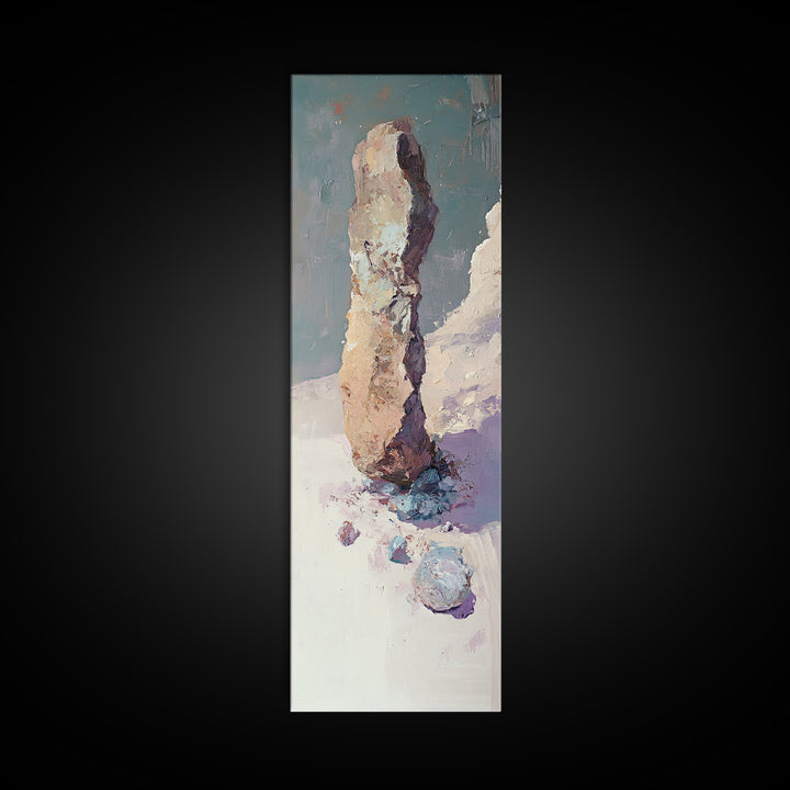 Snowy Standing Stone Impasto Landscape Canvas Print, Minimalist Winter Wall Art, Neutral Nature Decor, Calm Office Art Print