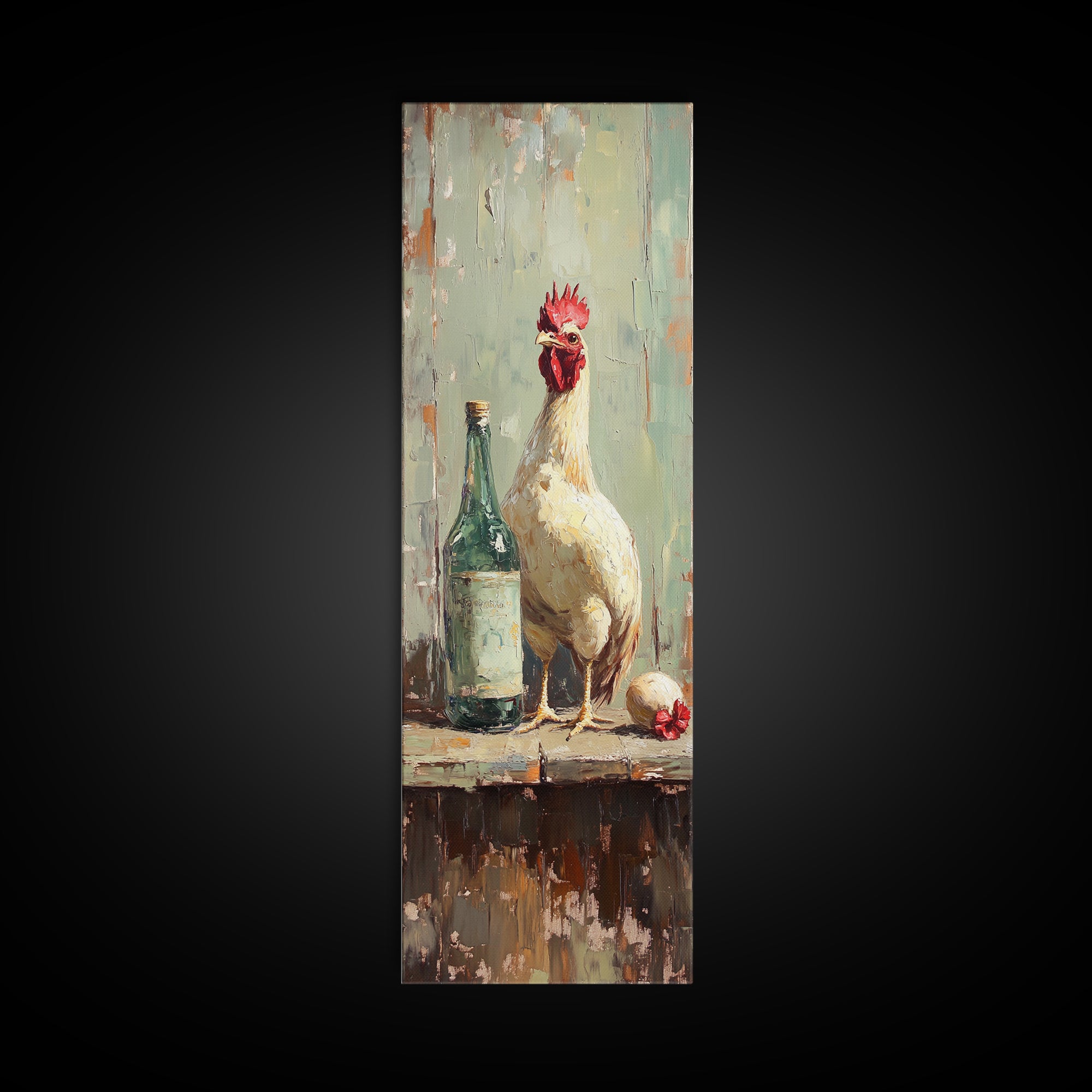 Rustic White Rooster And Green Bottle Framed Canvas Print, Farmhouse Kitchen Wall Art, Country Decor, Chicken Lover Gift