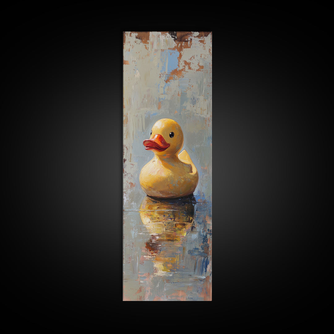 Yellow Rubber Duck In Reflective Water Canvas Print, Funny Bathroom Wall Art, Kids Bath Decor, Whimsical Animal Gift Print
