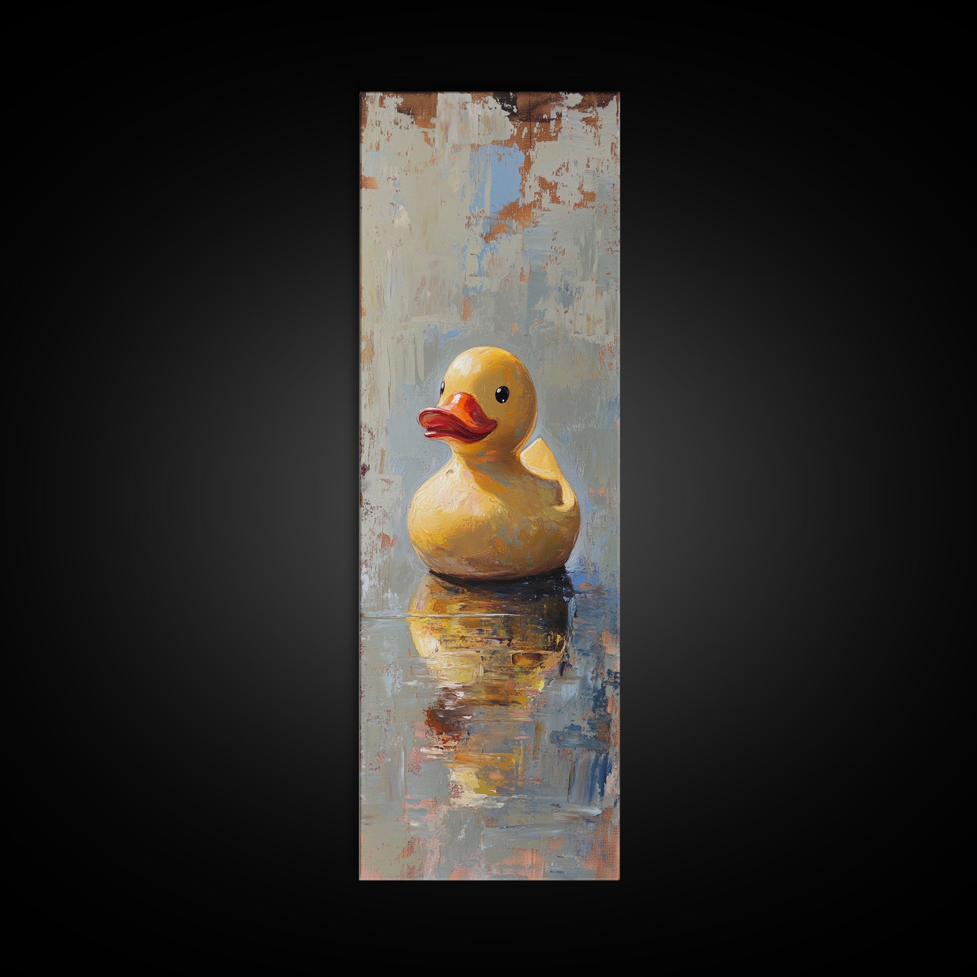 Yellow Rubber Duck In Reflective Water Canvas Print, Funny Bathroom Wall Art, Kids Bath Decor, Whimsical Animal Gift Print