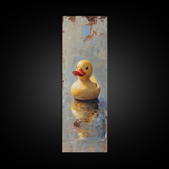 Yellow Rubber Duck In Reflective Water Canvas Print, Funny Bathroom Wall Art, Kids Bath Decor, Whimsical Animal Gift Print