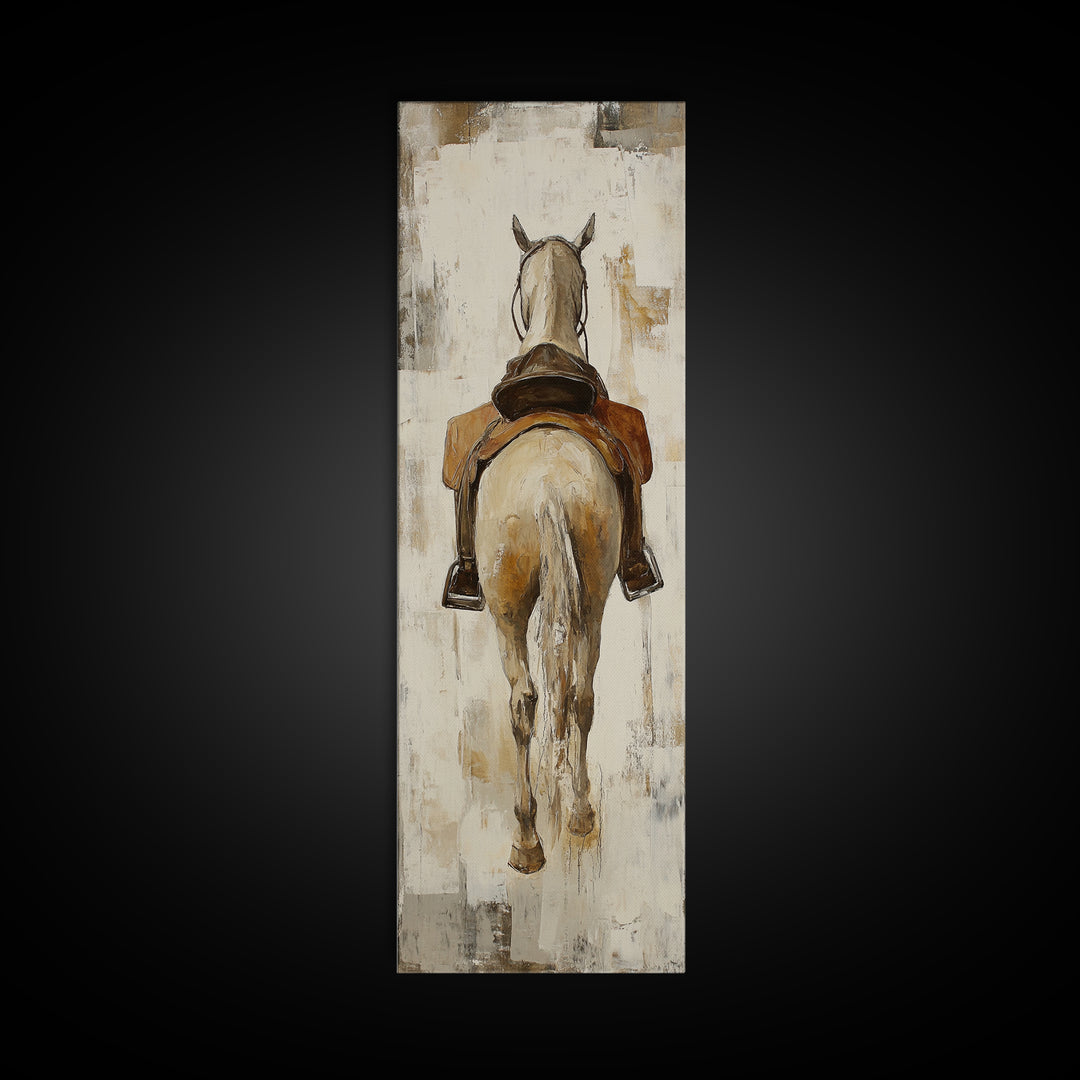Saddled White Horse From Behind Framed Canvas Print, Equestrian Wall Art, Western Farmhouse Decor, Gift For Horse Lovers