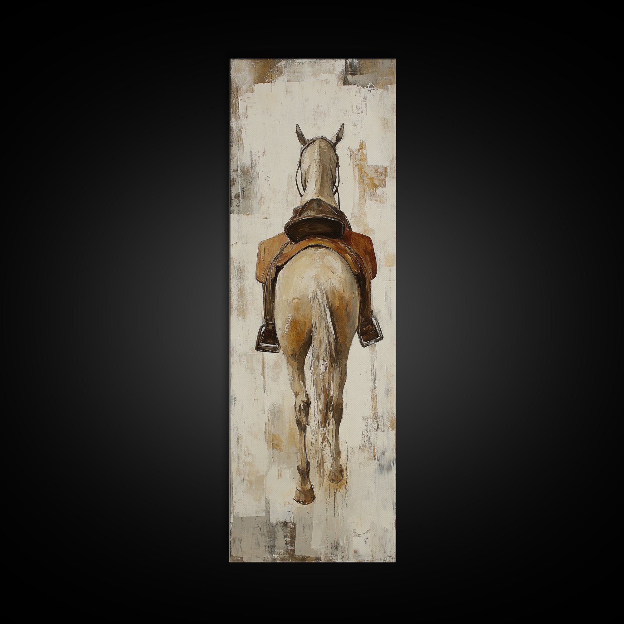 Saddled White Horse From Behind Framed Canvas Print, Equestrian Wall Art, Western Farmhouse Decor, Gift For Horse Lovers