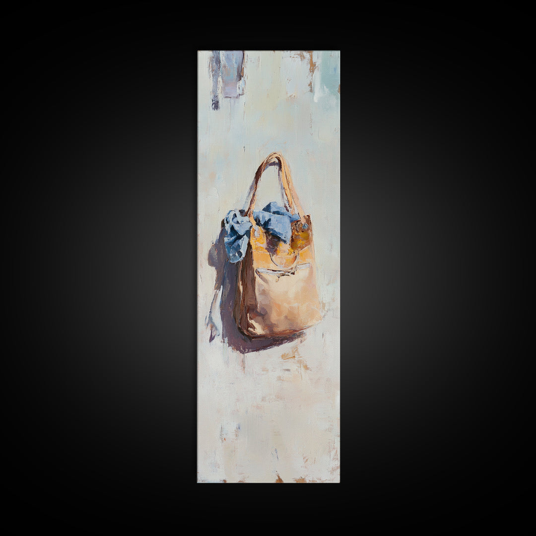 Hanging Tan Tote Bag With Blue Scarf Canvas Print, Fashion Wall Art, Feminine Bedroom Decor, Chic Closet Wall Decor, Gift For Her