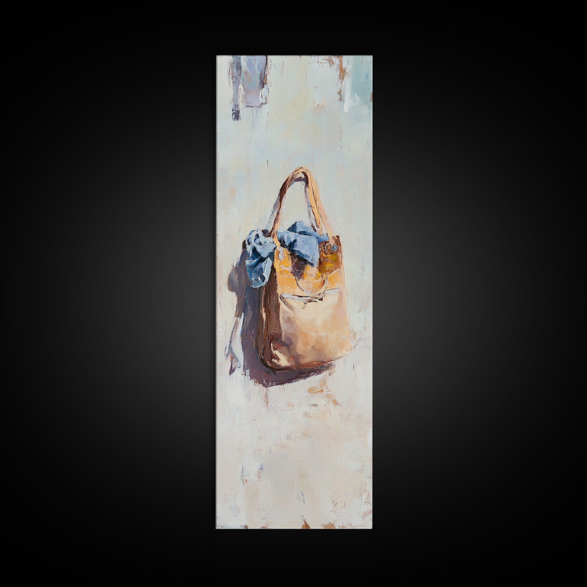 Hanging Tan Tote Bag With Blue Scarf Canvas Print, Fashion Wall Art, Feminine Bedroom Decor, Chic Closet Wall Decor, Gift For Her