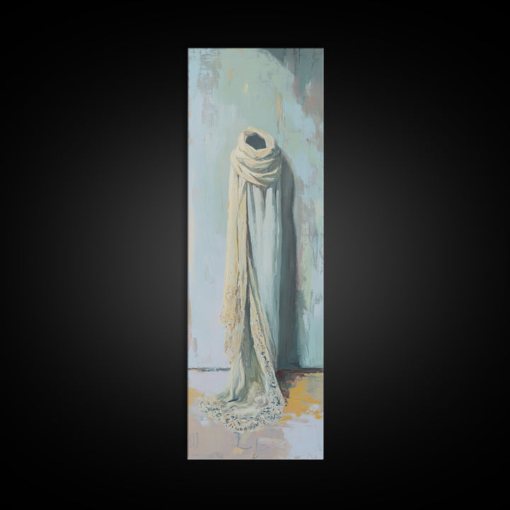 Draped White Scarf On Blue Wall Canvas Print, Minimalist Textile Wall Art, Neutral Bedroom Decor, Soft Wabi Sabi Art, Calming Decor