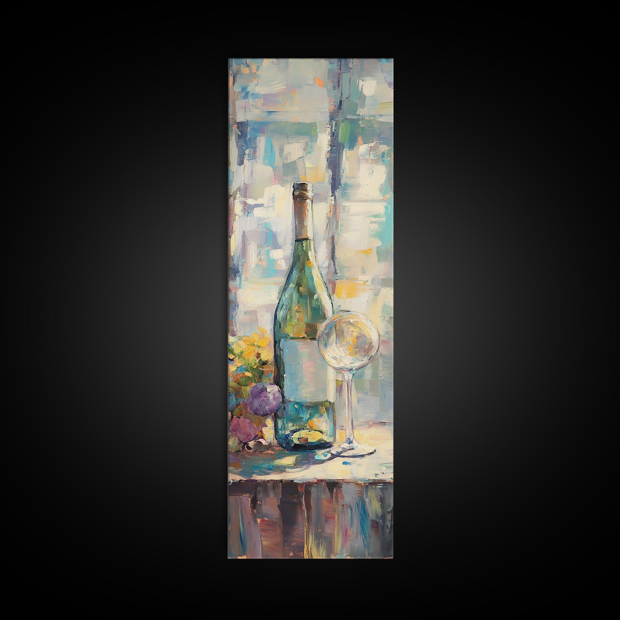 Wine Bottle With Grapes And Glass Canvas Print, Colorful Still Life Wall Art, Kitchen Dining Room Decor, Wine Lover Gift