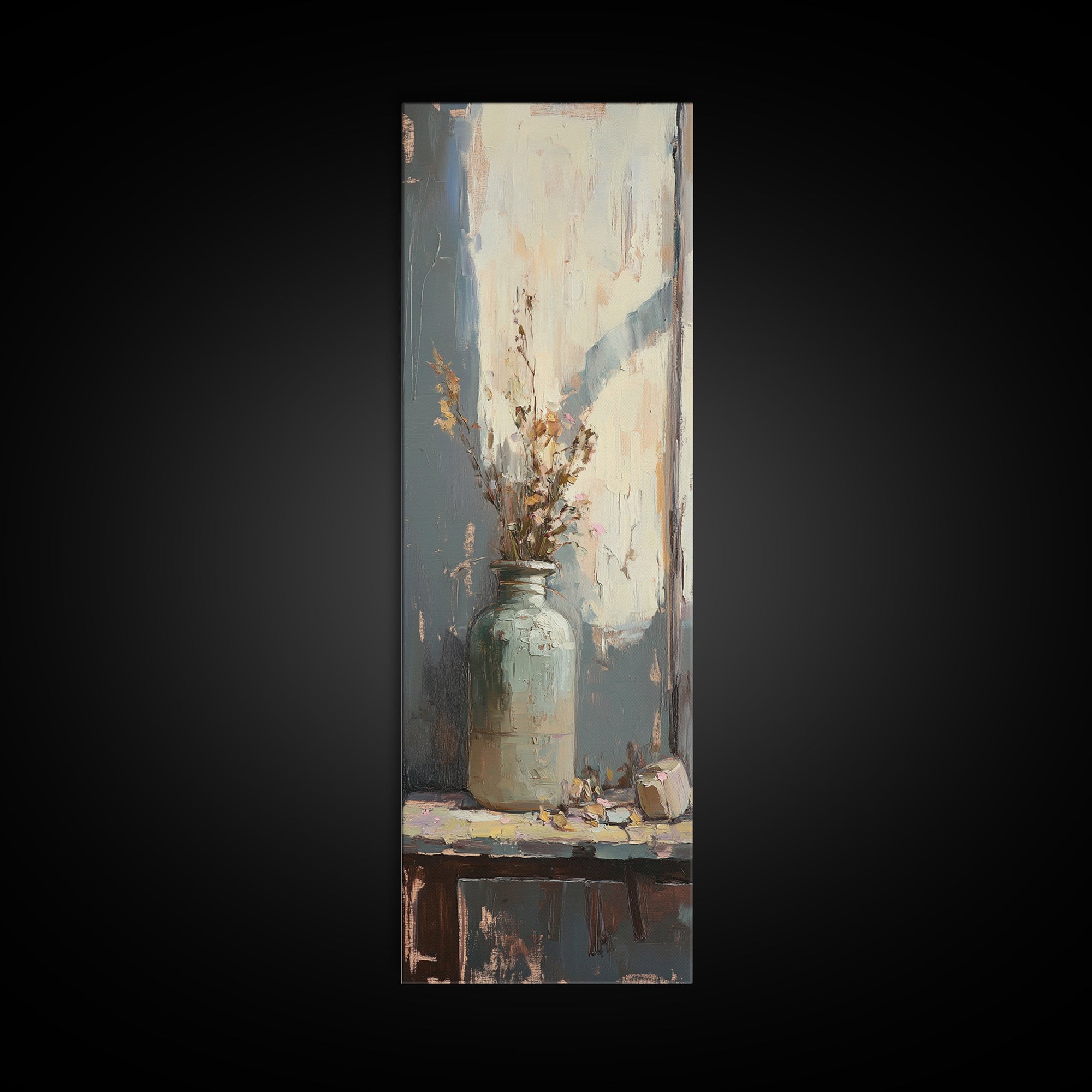 Pale Ceramic Vase With Dried Flowers Canvas Print, Rustic Botanical Wall Art, Neutral Farmhouse Decor, Window Still Life