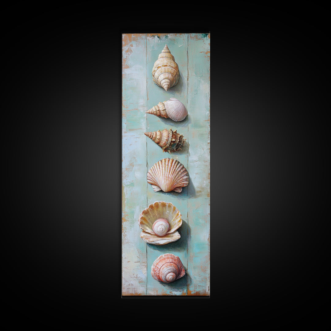 Six Seashells On Turquoise Wood Framed Canvas Print, Coastal Wall Art, Beach House Decor, Nautical Bathroom Wall Decor, Ocean Print