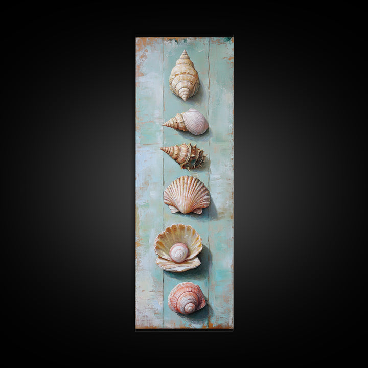 Six Seashells On Turquoise Wood Framed Canvas Print, Coastal Wall Art, Beach House Decor, Nautical Bathroom Wall Decor, Ocean Print