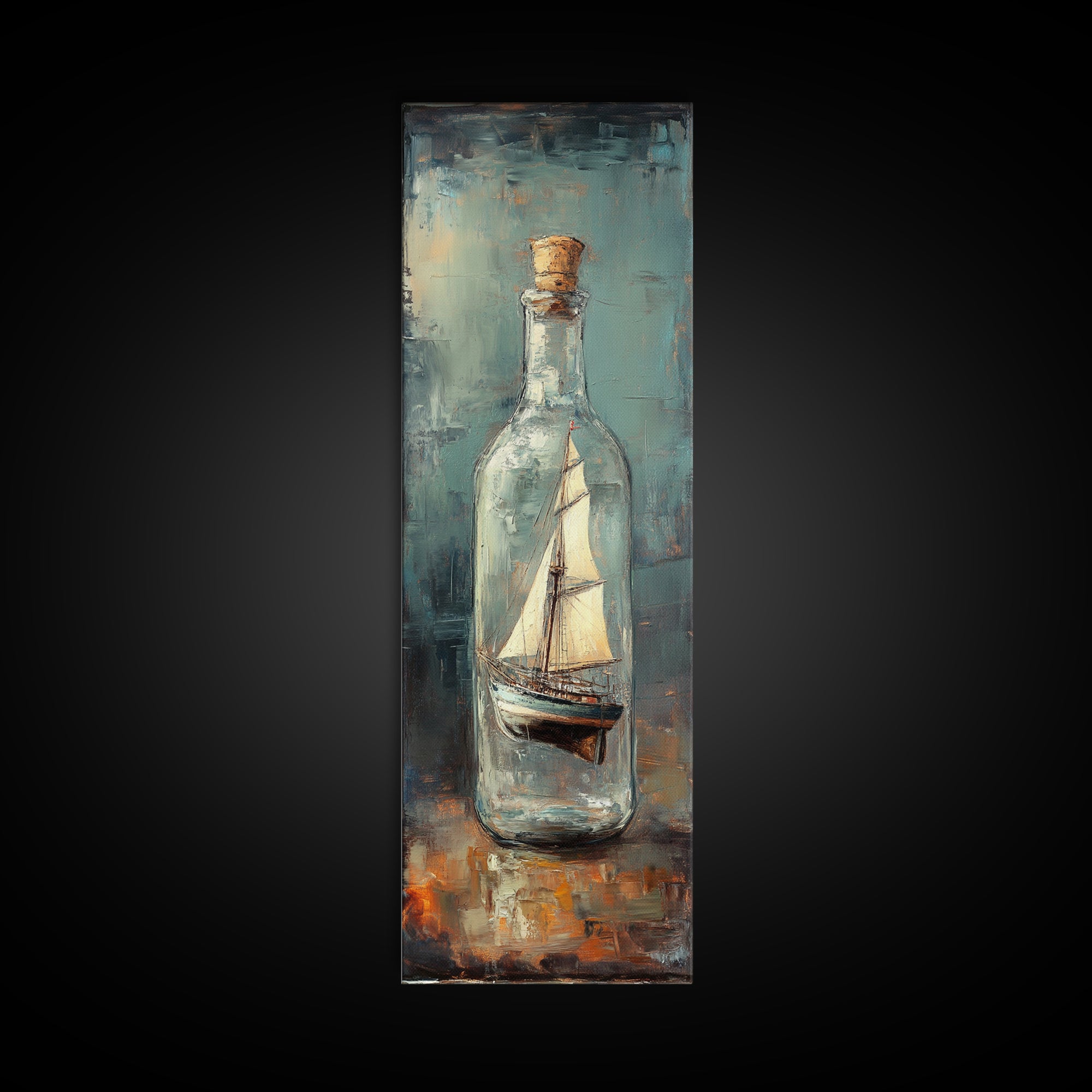 Ship In A Glass Bottle Framed Canvas Print, Nautical Wall Art, Coastal Home Decor, Lake House Decor, Ocean Wall Decor, Sailboat Art