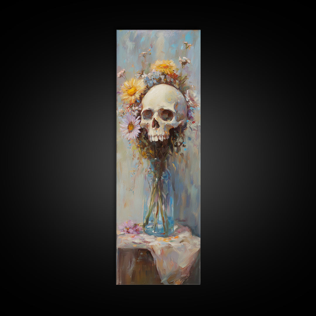 Floral Skull In Glass Vase Wall Art, Gothic Memento Mori Still Life Canvas, Dark Academia Decor, Moody Floral Gift For Her