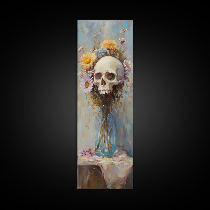 Floral Skull In Glass Vase Wall Art, Gothic Memento Mori Still Life Canvas, Dark Academia Decor, Moody Floral Gift For Her
