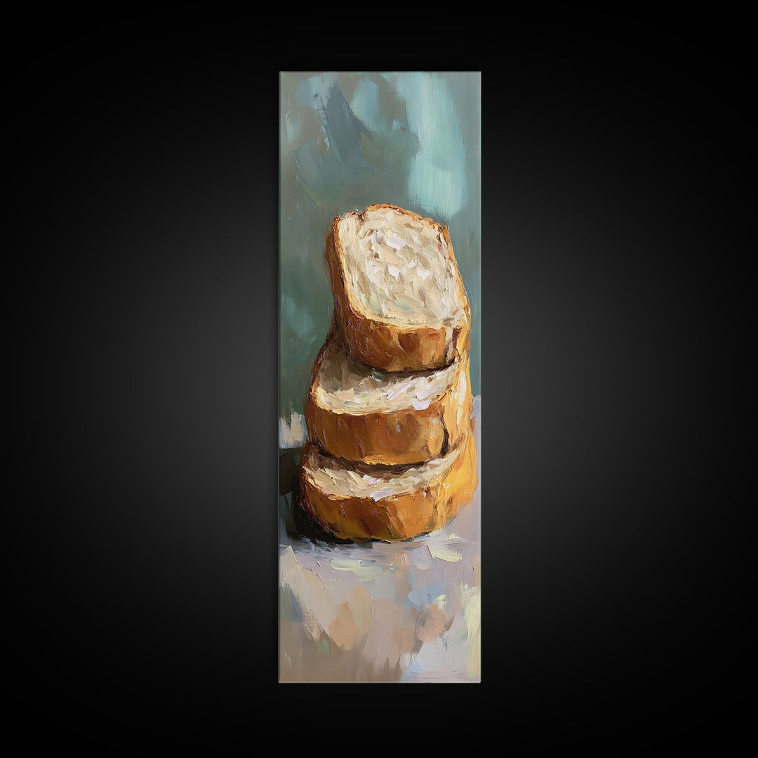 Stacked Crusty Bread Slices Canvas Print, Rustic Kitchen Wall Art, Food Still Life Painting, Bakery Decor Gift For Foodie