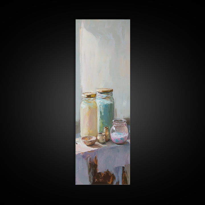 Pastel Glass Jars And Bottles Wall Art, Minimalist Still Life Canvas Print, Soft Kitchen Decor, Modern Home Decor, Housewarming Gift