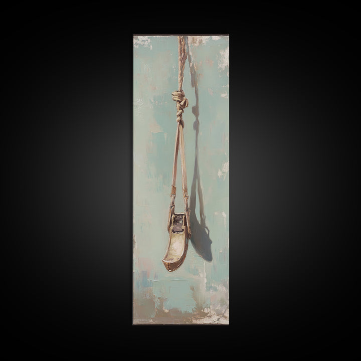 Weathered Rope Swing On Blue Wall Art, Rustic Minimalist Canvas Print, Nostalgic Nursery Or Patio Decor Housewarming Gift