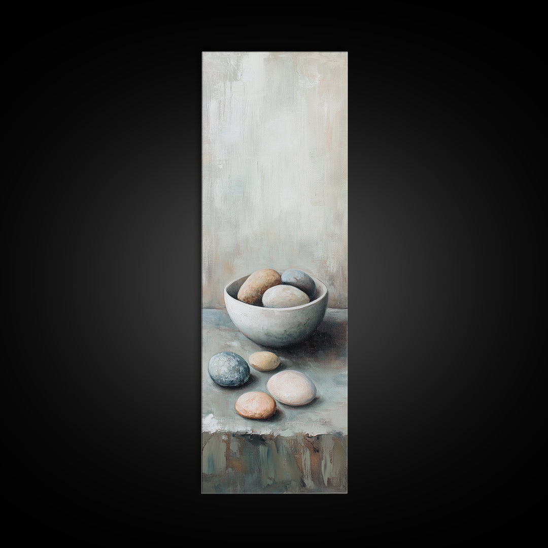 Neutral Bowl Of Smooth Pebbles Wall Art, Minimalist Still Life Canvas, Calming Zen Bathroom Decor, Wabi Sabi Home Decor Gift