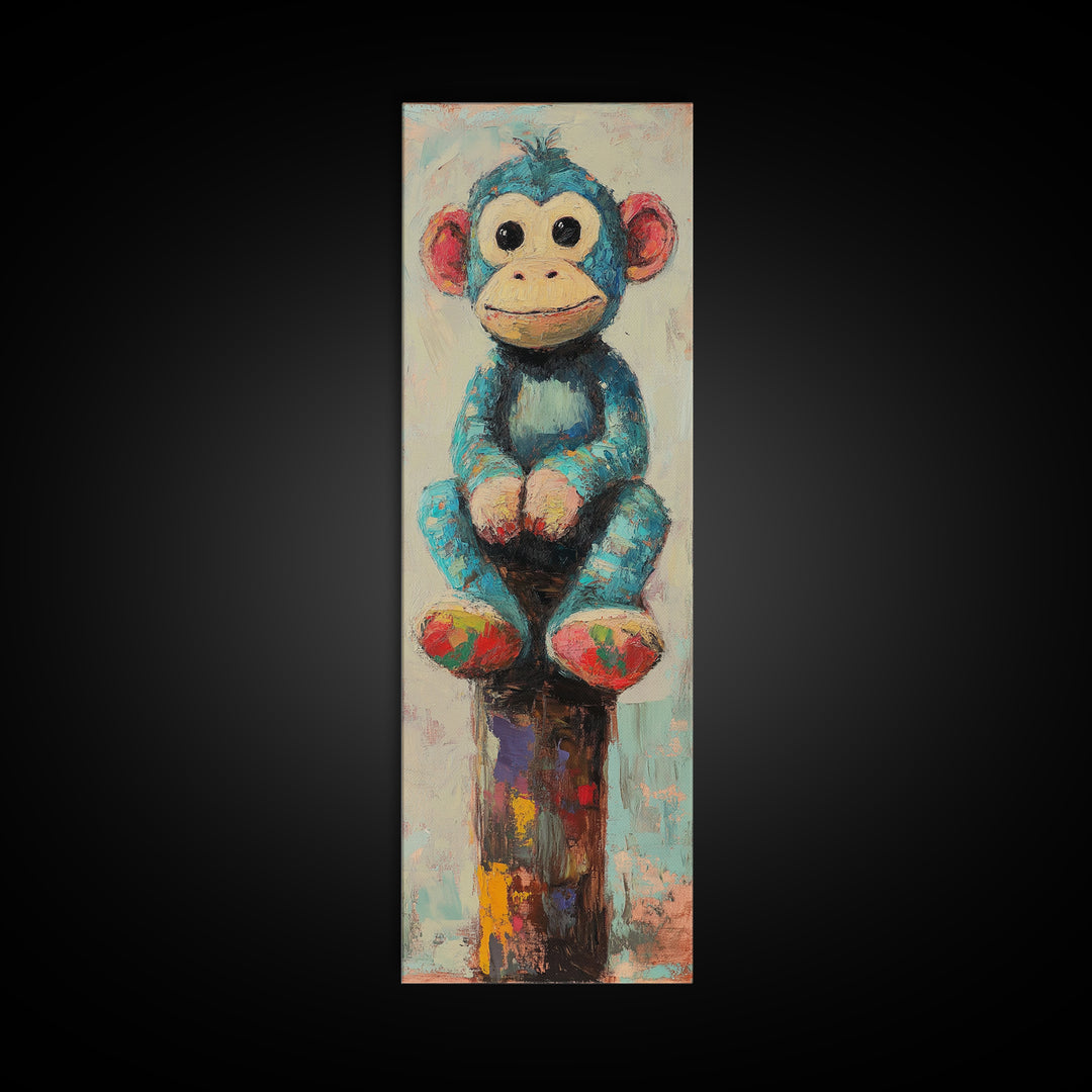 Whimsical Blue Monkey Toy Wall Art, Cute Animal Nursery Decor, Kids Room Canvas Print, Playroom Decor And Baby Shower Gift