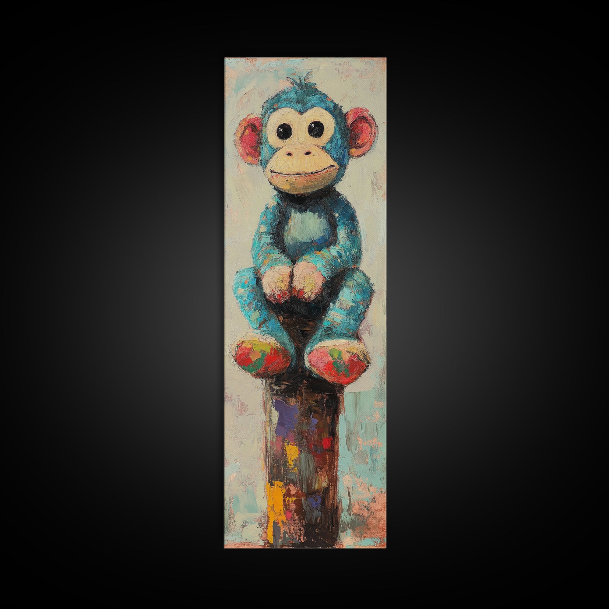 Whimsical Blue Monkey Toy Wall Art, Cute Animal Nursery Decor, Kids Room Canvas Print, Playroom Decor And Baby Shower Gift