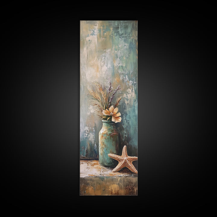 Rustic Jar With Dried Grass And Starfish Wall Art, Coastal Canvas Print, Beach House Decor, Neutral Farmhouse Gift, Living Room Decor