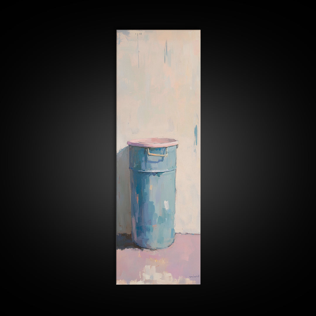 Minimal Blue Barrel Still Life Wall Art, Rustic Farmhouse Decor, Modern Canvas Print, Neutral Kitchen Art, Contemporary Painting