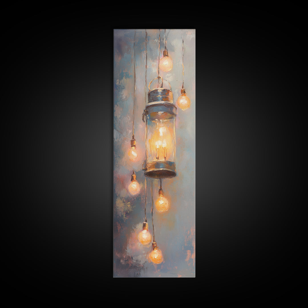 Glowing Mason Jar Lanterns Framed Canvas Print, Rustic Wall Art, Farmhouse Lighting Decor, Cozy Kitchen Wall Decor Gift Idea