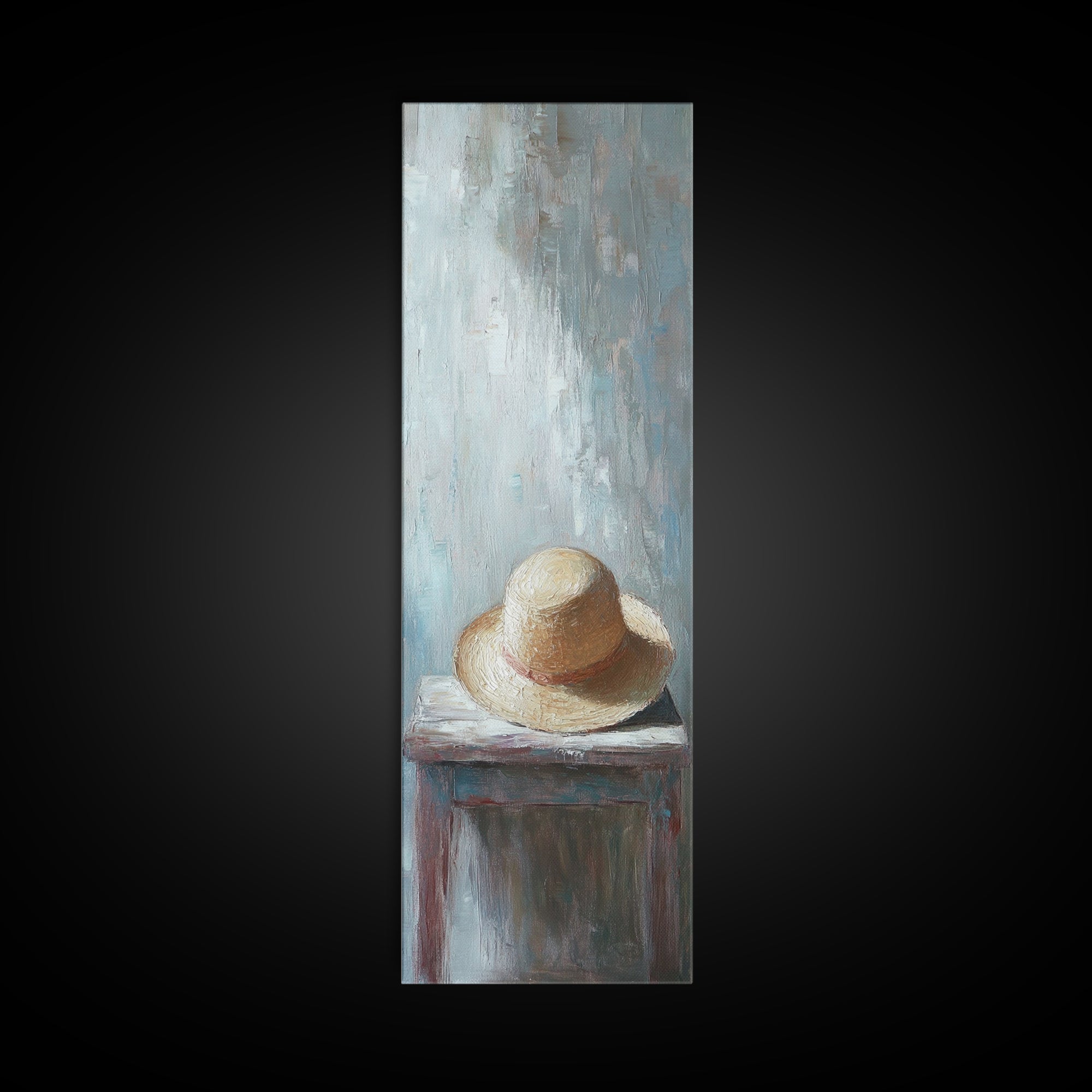 Straw Sun Hat On Weathered Table Canvas Print, Coastal Wall Art, Rustic Bedroom Decor, Neutral Farmhouse Home Decor Gift