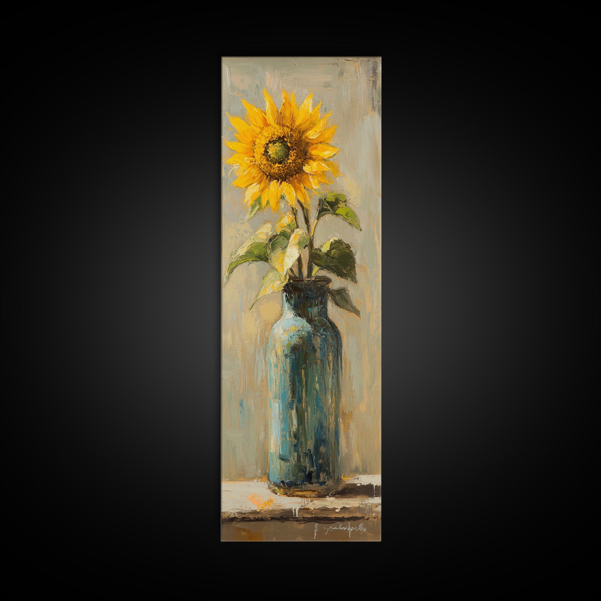 Sunflower In Blue Glass Bottle Vase Wall Art, Rustic Floral Oil Painting Print, Farmhouse Kitchen Decor, Gift For Her, Housewarming Gift