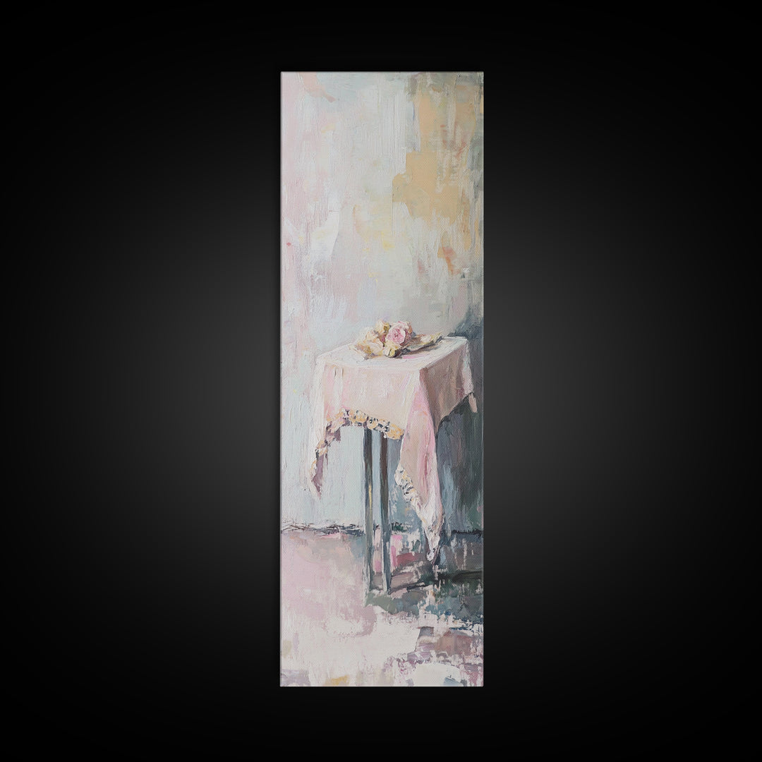 Pastel Pink Draped Table With Teacup Wall Art, Minimalist Canvas Print, Soft Abstract Still Life, Feminine Bedroom Decor