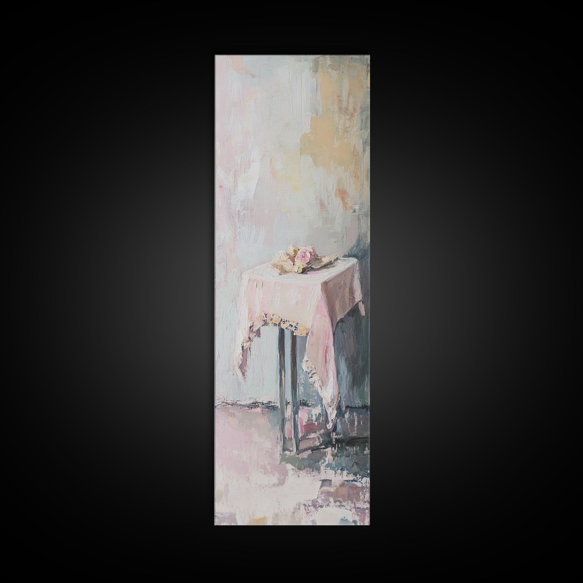 Pastel Pink Draped Table With Teacup Wall Art, Minimalist Canvas Print, Soft Abstract Still Life, Feminine Bedroom Decor