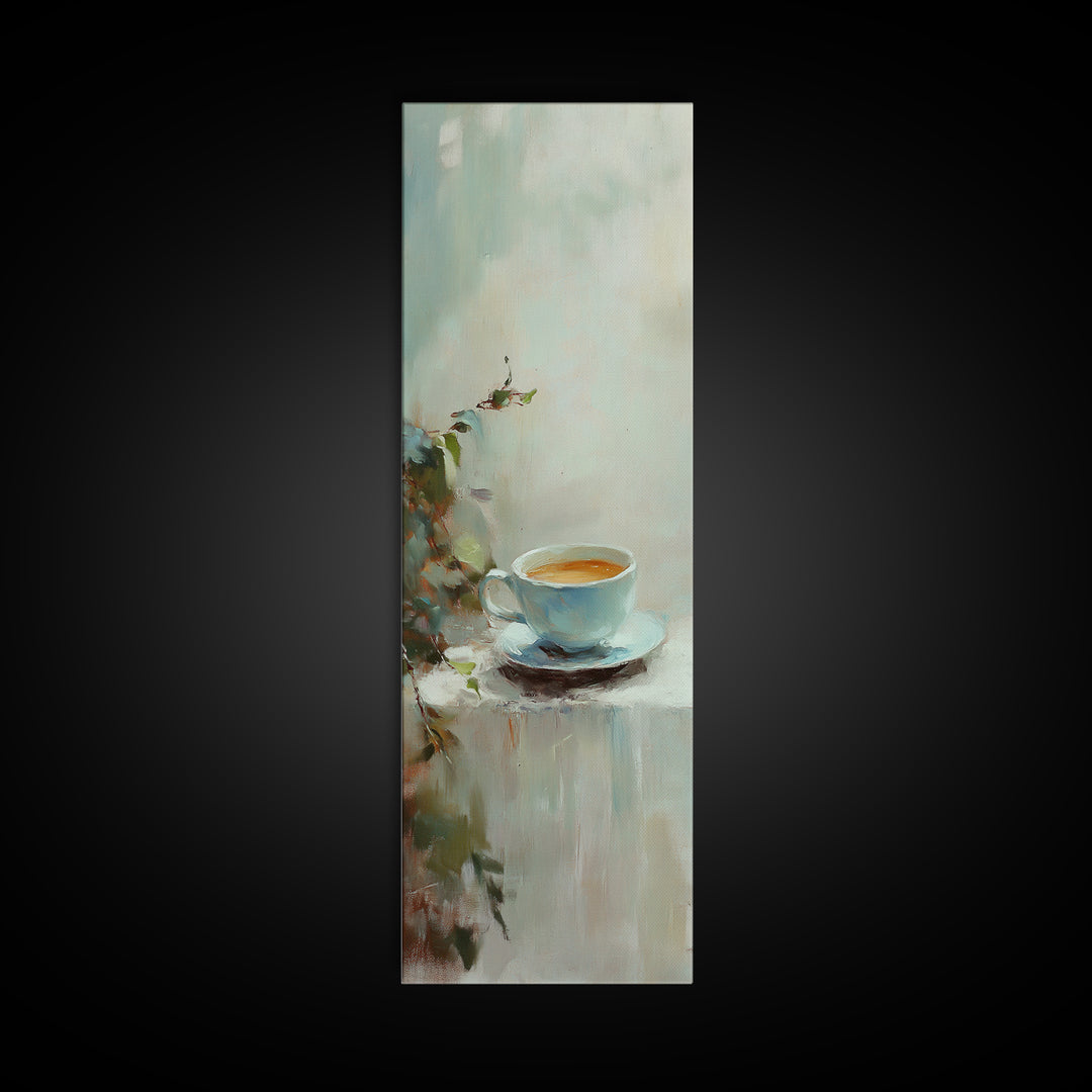 Blue Coffee Cup With Soft Green Foliage Wall Art, Minimalist Kitchen Decor, Cozy Cafe Print, Neutral Home Decor, Gift For Her