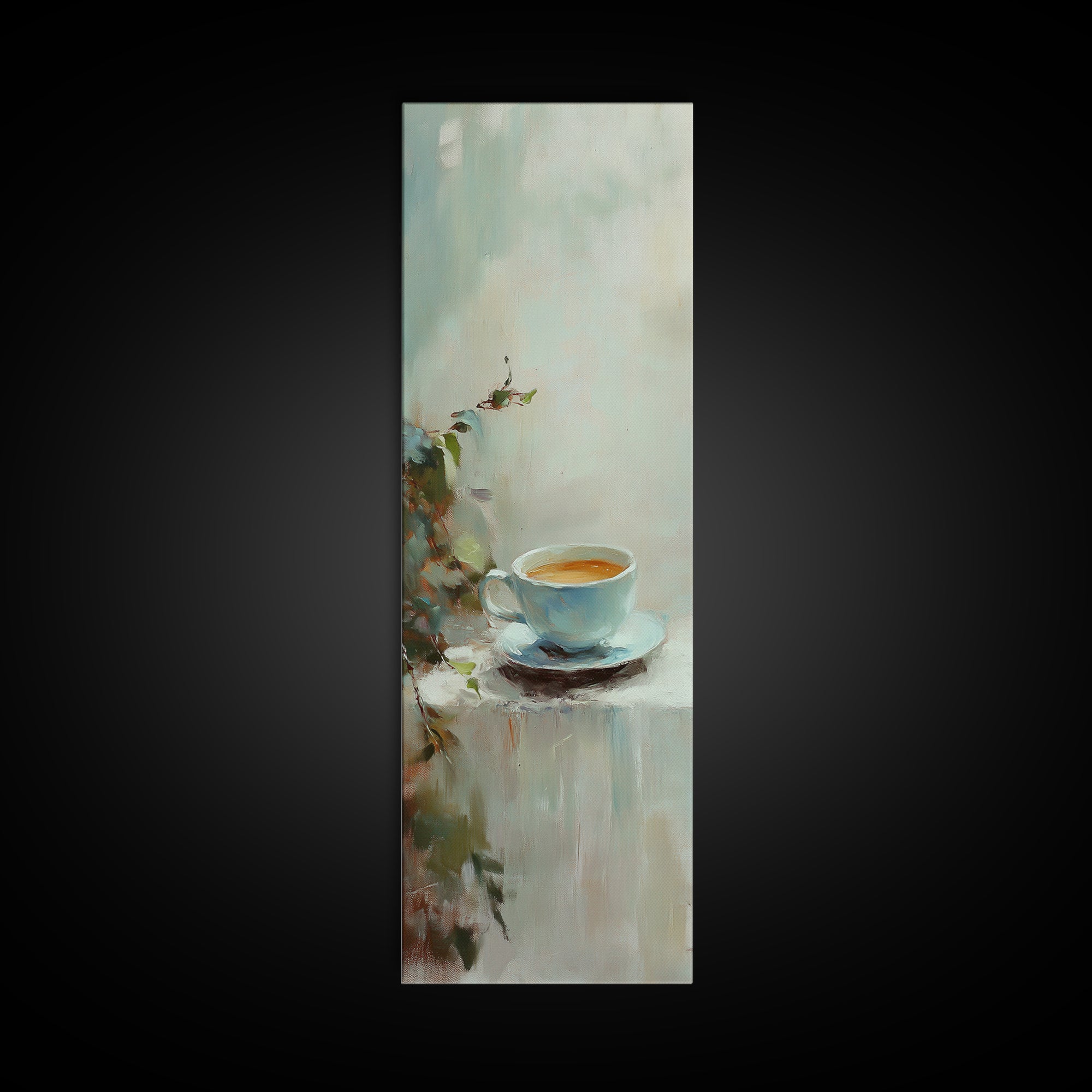 Blue Coffee Cup With Soft Green Foliage Wall Art, Minimalist Kitchen Decor, Cozy Cafe Print, Neutral Home Decor, Gift For Her