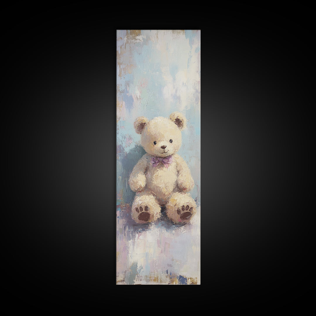 Cream Teddy Bear With Purple Bow Framed Canvas Print, Nursery Wall Art, Whimsical Animal Decor, Baby Shower Gift, Kids Room Decor