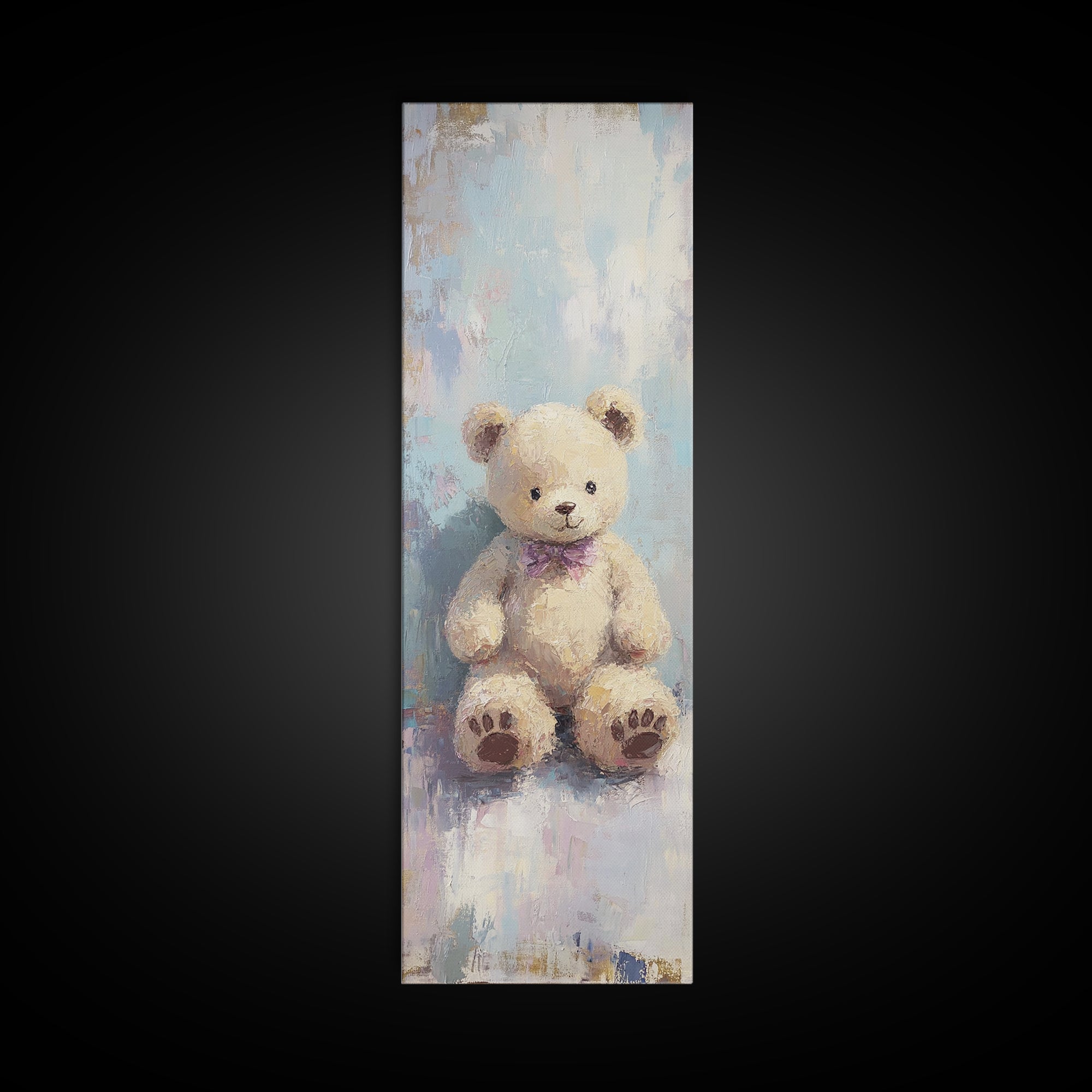 Cream Teddy Bear With Purple Bow Framed Canvas Print, Nursery Wall Art, Whimsical Animal Decor, Baby Shower Gift, Kids Room Decor