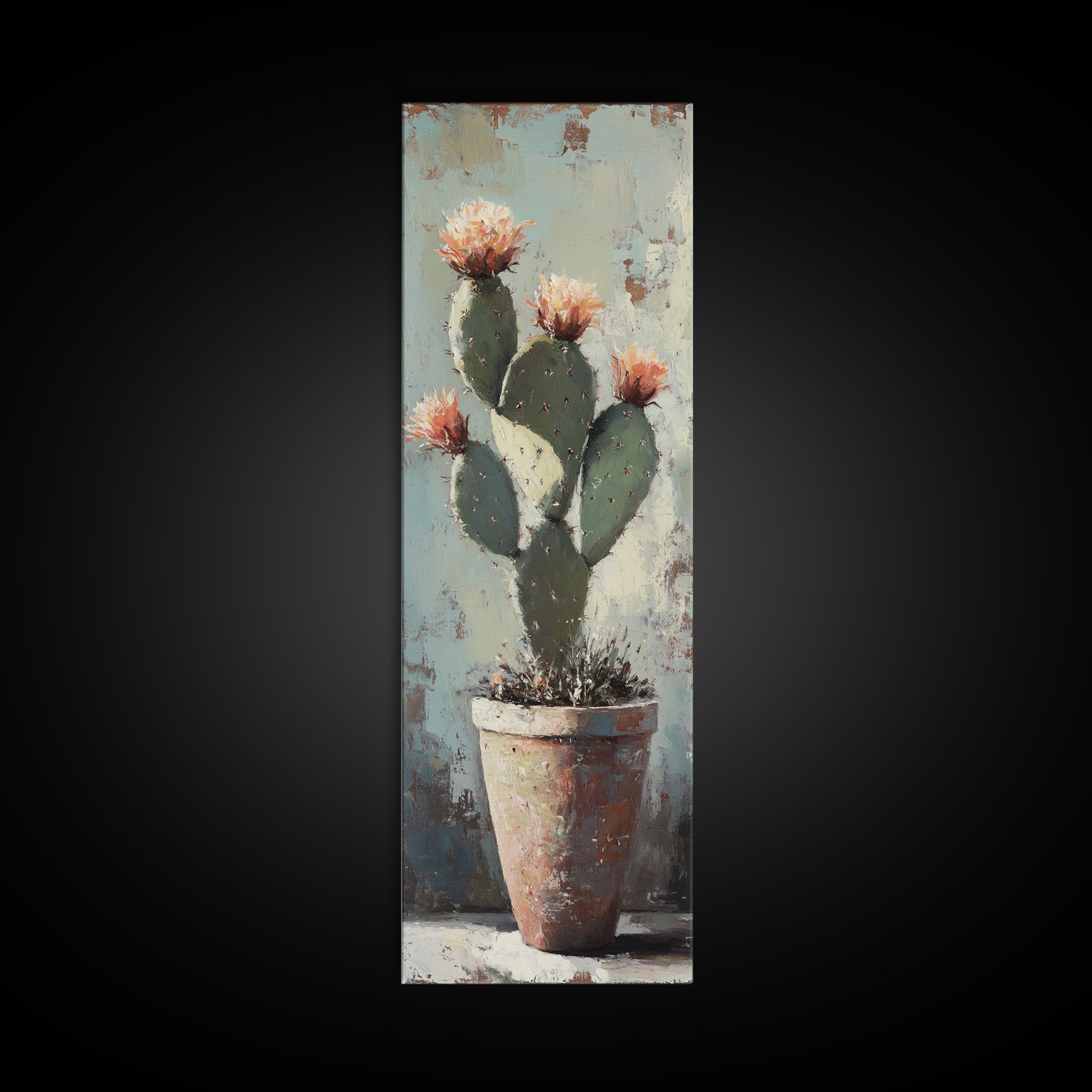 Blooming Prickly Pear Cactus In Clay Pot Wall Art, Southwestern Desert Decor, Botanical Canvas Print, Rustic Home Decor Art