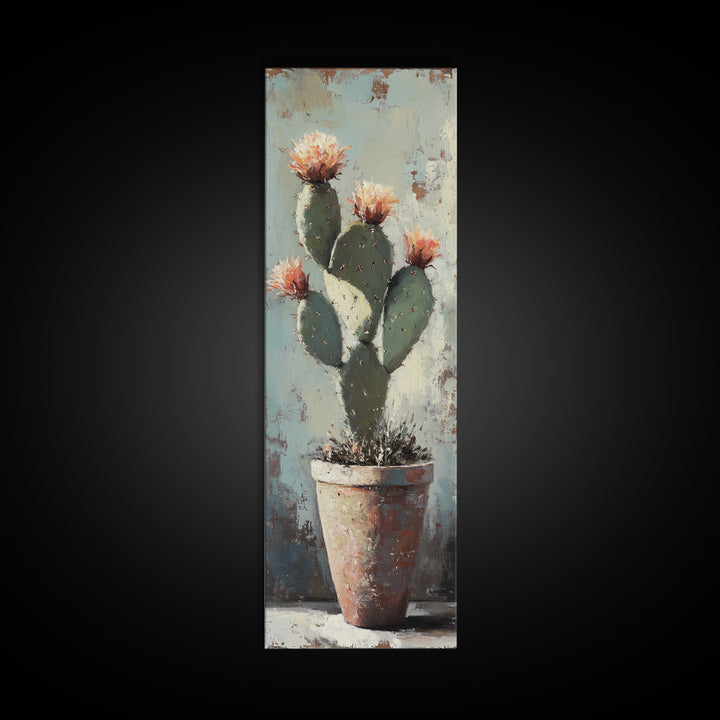 Blooming Prickly Pear Cactus In Clay Pot Wall Art, Southwestern Desert Decor, Botanical Canvas Print, Rustic Home Decor Art