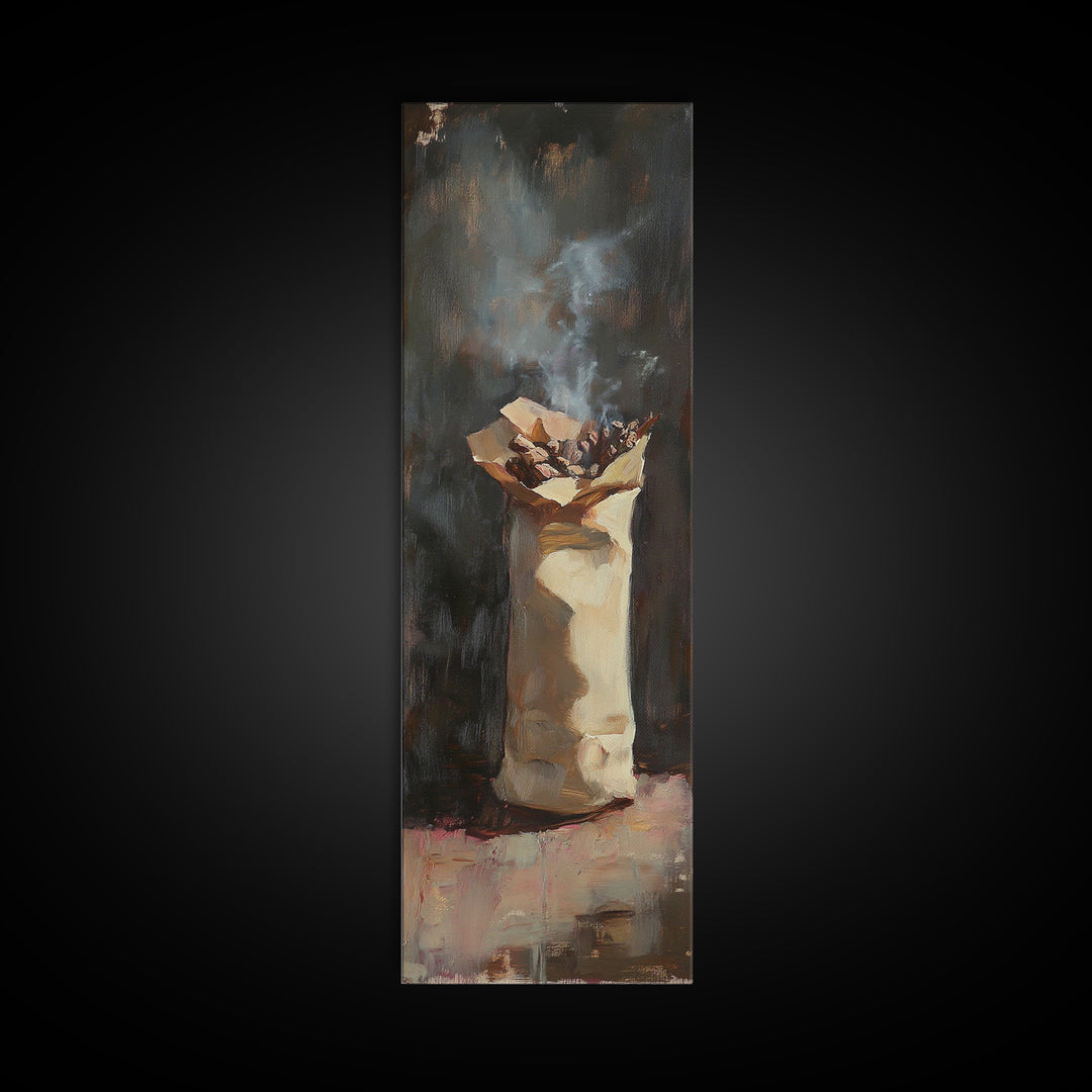 Moody Smoking Paper Bag Still Life Wall Art, Rustic Oil Painting Print, Dark Academia Decor, Unique Kitchen Wall Decor And Home Decor