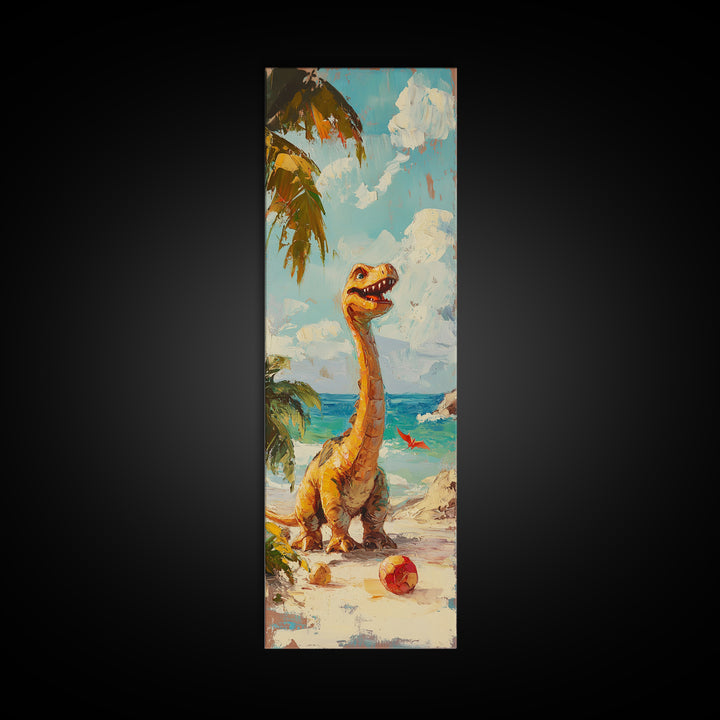 Cheerful Dinosaur On Tropical Beach Canvas Print, Whimsical Nursery Decor, Coastal Kids Room Art, Cute Animal Wall Decor