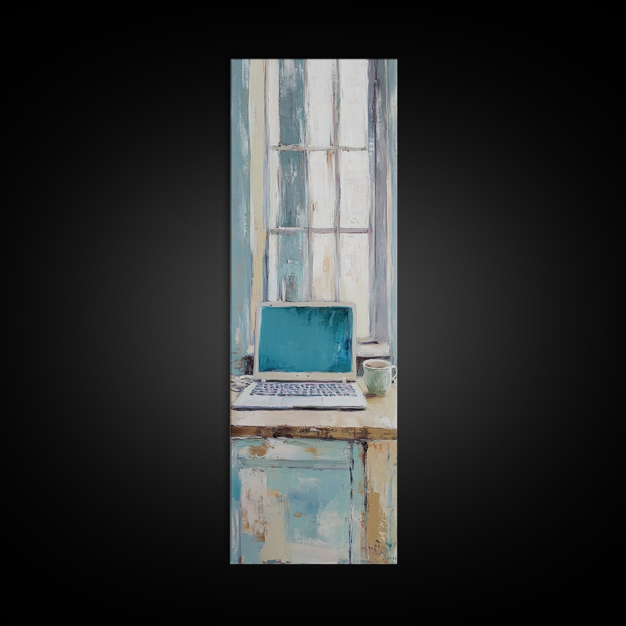 Blue Laptop By Bright Window Wall Art, Home Office Decor, Minimalist Desk Art Print, Modern Work From Home Canvas Art Decor