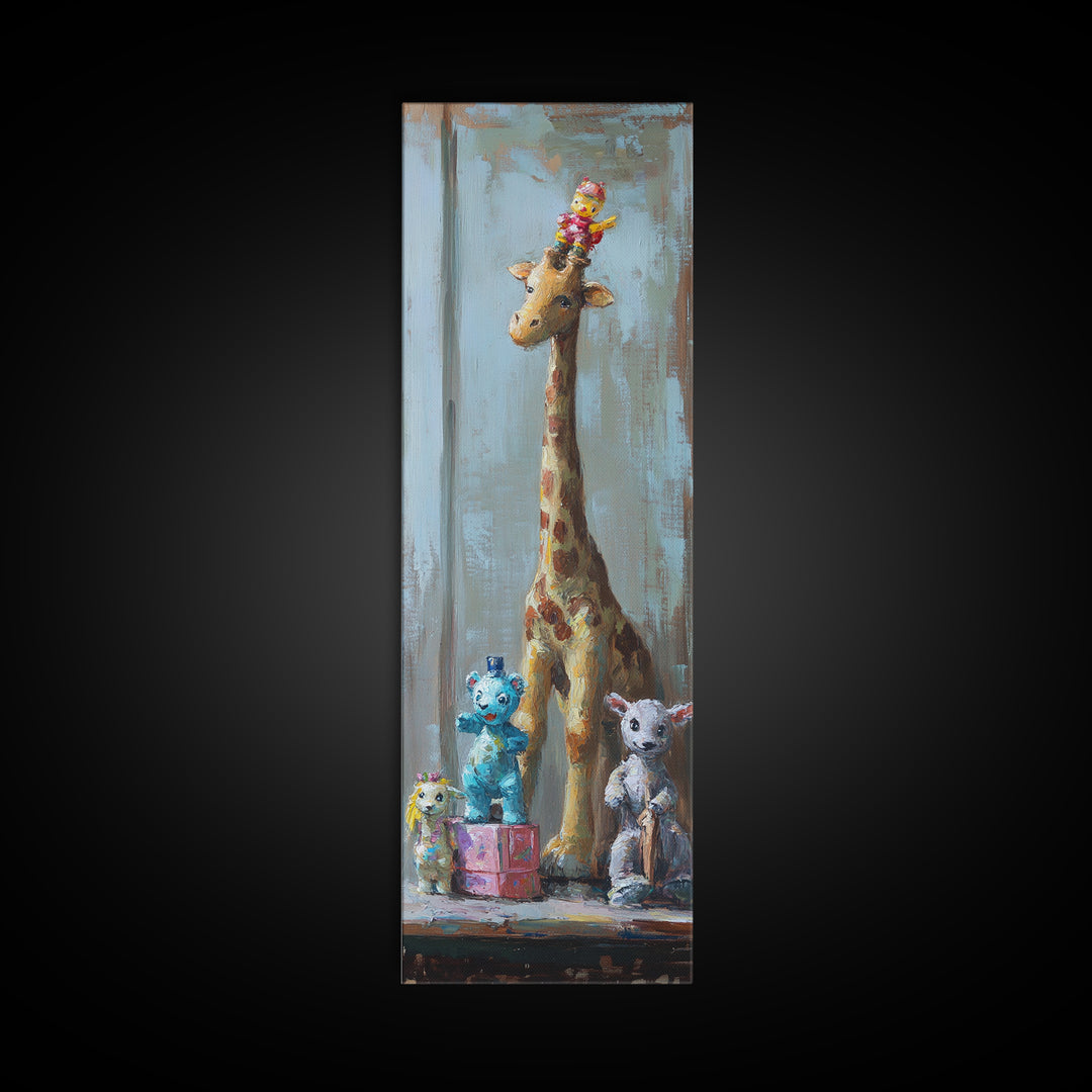 Whimsical Giraffe And Teddy Bear Framed Canvas Print, Nursery Wall Art, Kids Room Decor, Safari Animal Baby Shower Gift Idea