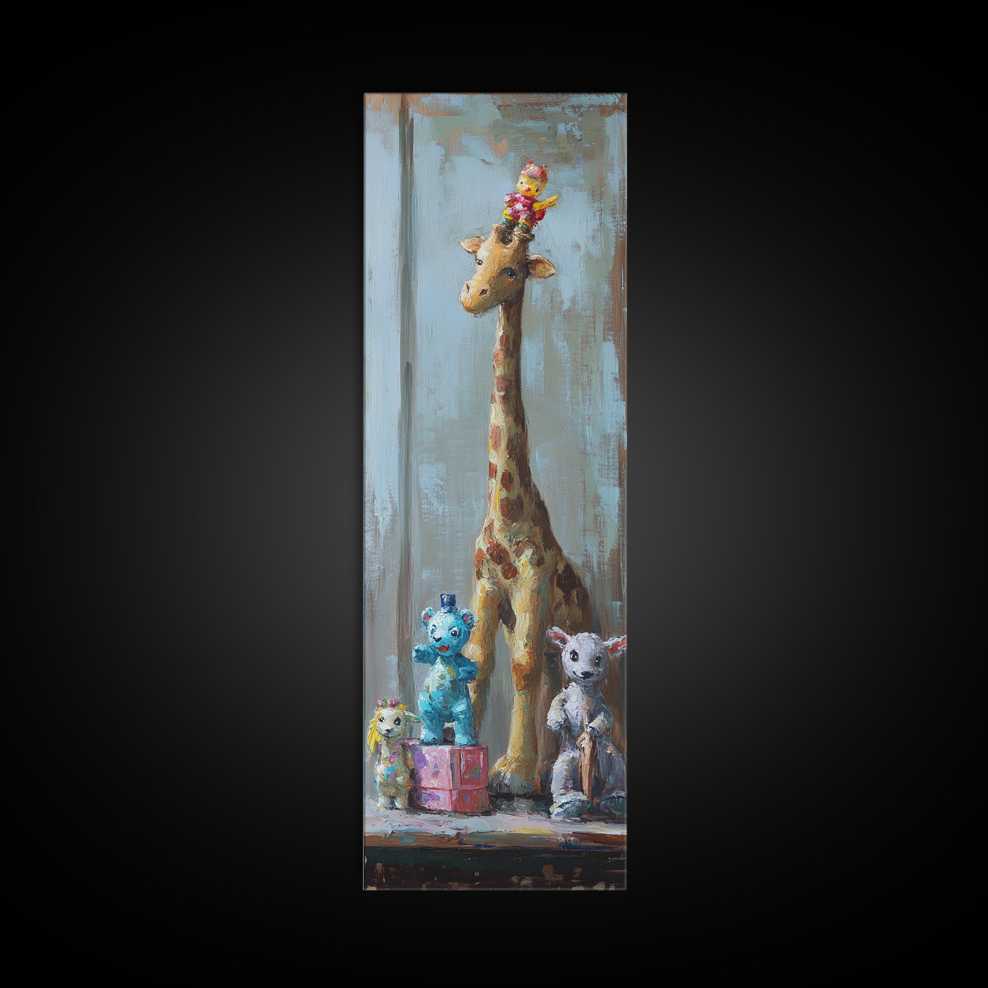 Whimsical Giraffe And Teddy Bear Framed Canvas Print, Nursery Wall Art, Kids Room Decor, Safari Animal Baby Shower Gift Idea