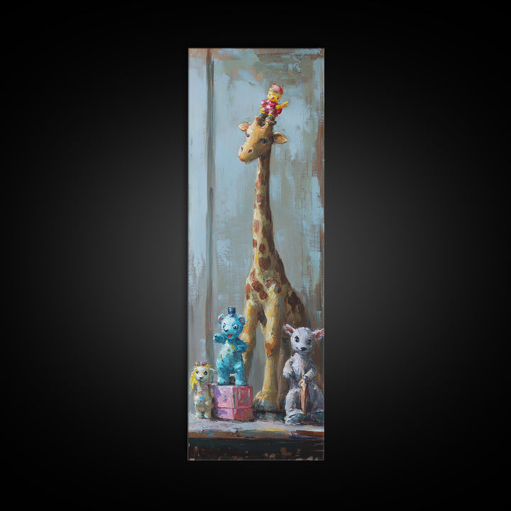 Whimsical Giraffe And Teddy Bear Framed Canvas Print, Nursery Wall Art, Kids Room Decor, Safari Animal Baby Shower Gift Idea