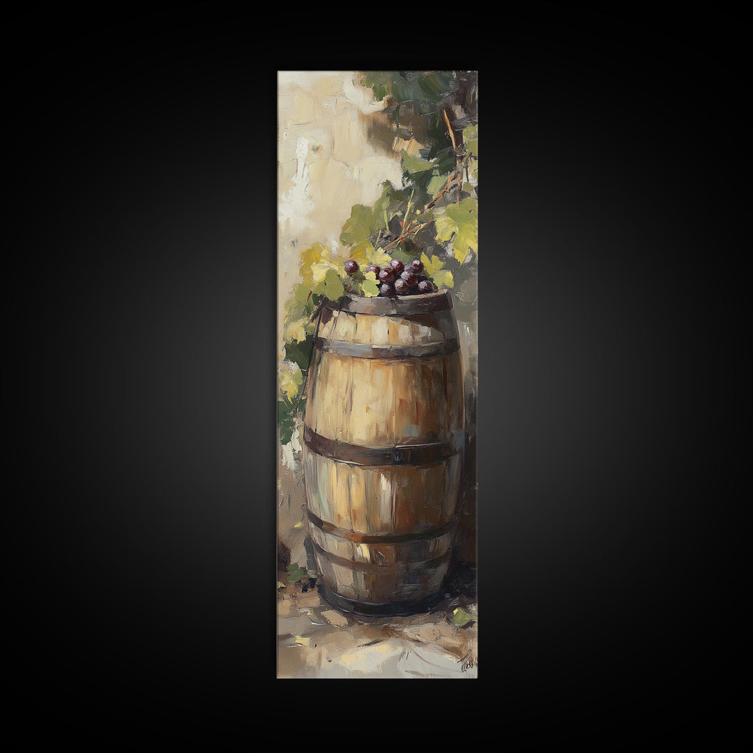 Sunlit Wine Barrel With Grapes Wall Art, Vineyard Canvas Print, Rustic Winery Kitchen Decor, Tuscan Farmhouse Gift For Dining Room