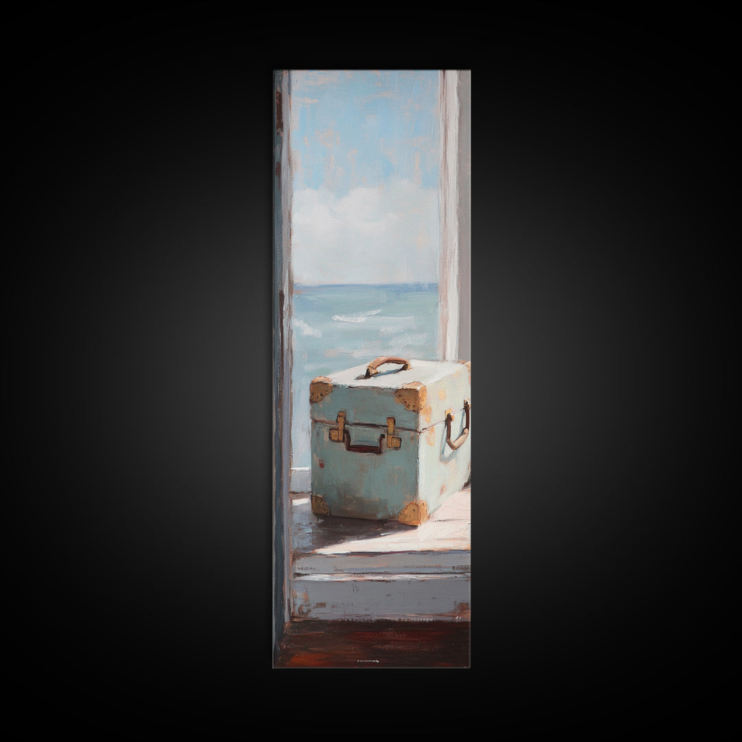 Blue Suitcase Ocean Window Canvas Print, Coastal Wall Art, Beach House Decor, Travel Inspired Living Room Wall Decor Gift