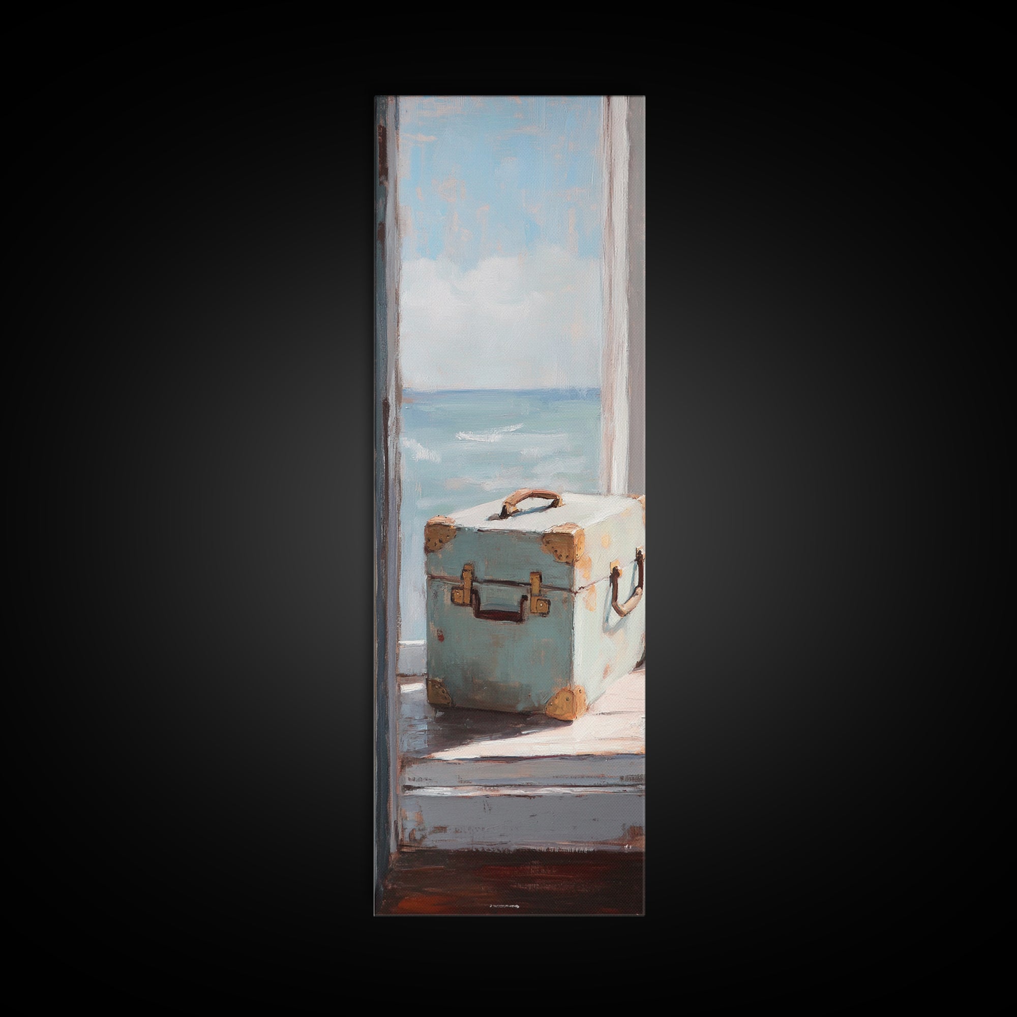 Blue Suitcase Ocean Window Canvas Print, Coastal Wall Art, Beach House Decor, Travel Inspired Living Room Wall Decor Gift