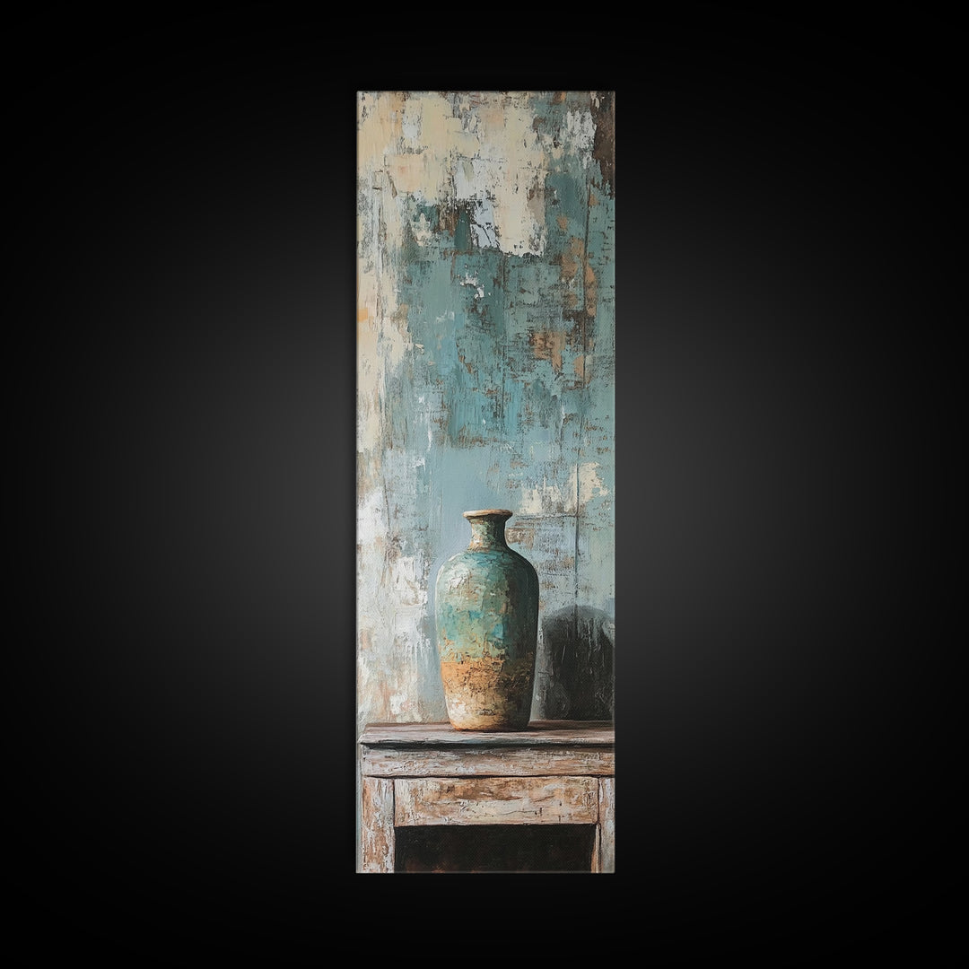 Turquoise Vase Textured Still Life Canvas Print, Rustic Wall Art, Neutral Home Decor, Modern Farmhouse Living Room Decor