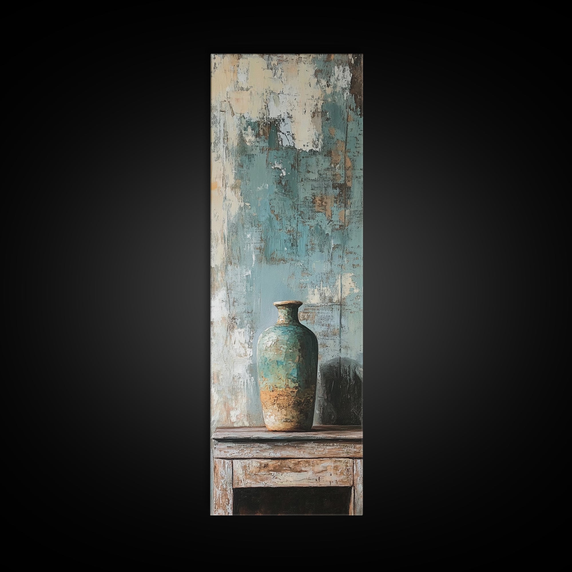 Turquoise Vase Textured Still Life Canvas Print, Rustic Wall Art, Neutral Home Decor, Modern Farmhouse Living Room Decor