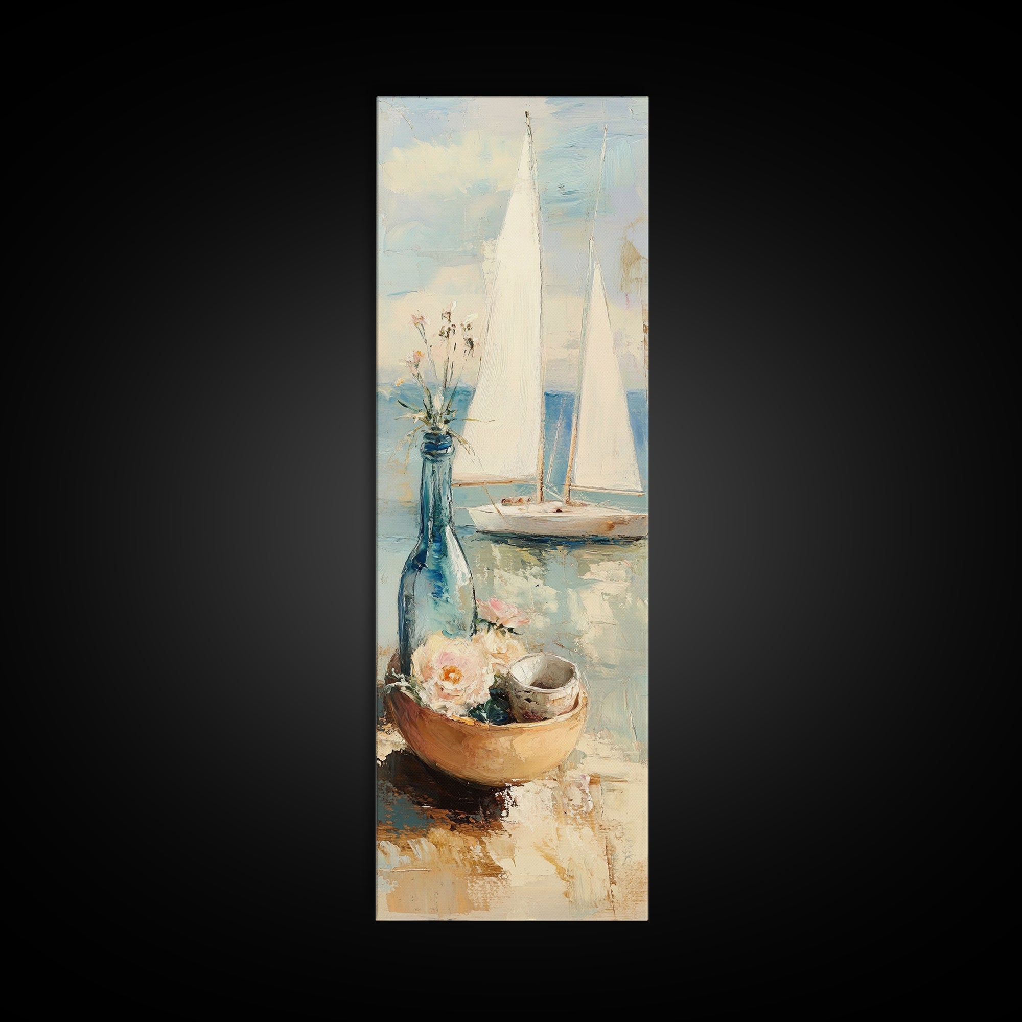 Sailboat Seaside Still Life Framed Canvas Print, Coastal Wall Art, Beach House Decor, Nautical Living Room Wall Decor Gift